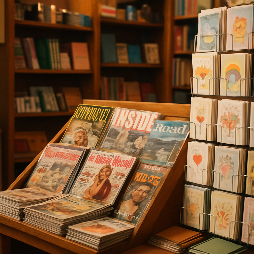 Colourful magazine racks, newspapers and greeting cards neatly displayed inside the newsagency